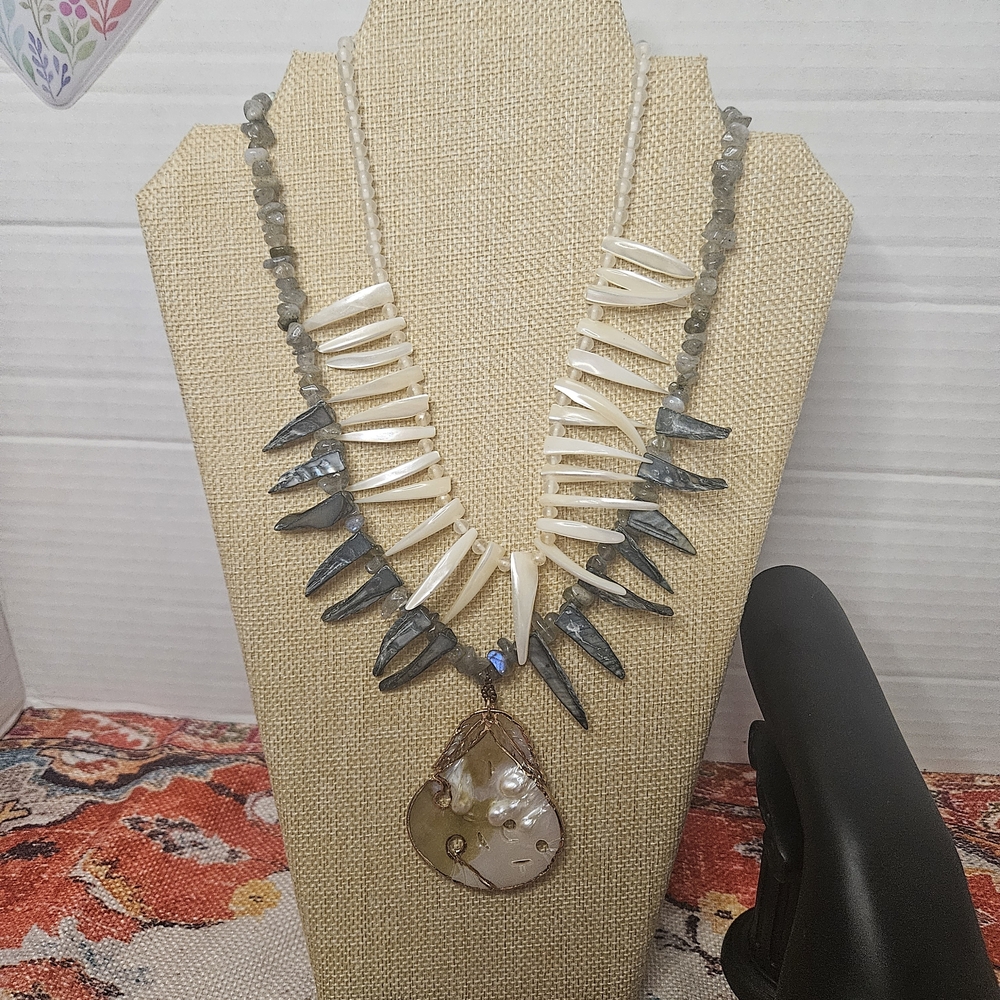 Handmade Necklaces With Labradorite Stone, Shell And Glass